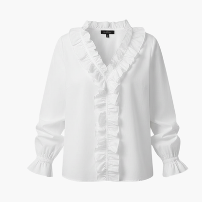 Bella Women's blouse featuring a stylish V-neckline, elegant ruffle detail, and long sleeves, perfect for both casual and formal occasions. 1