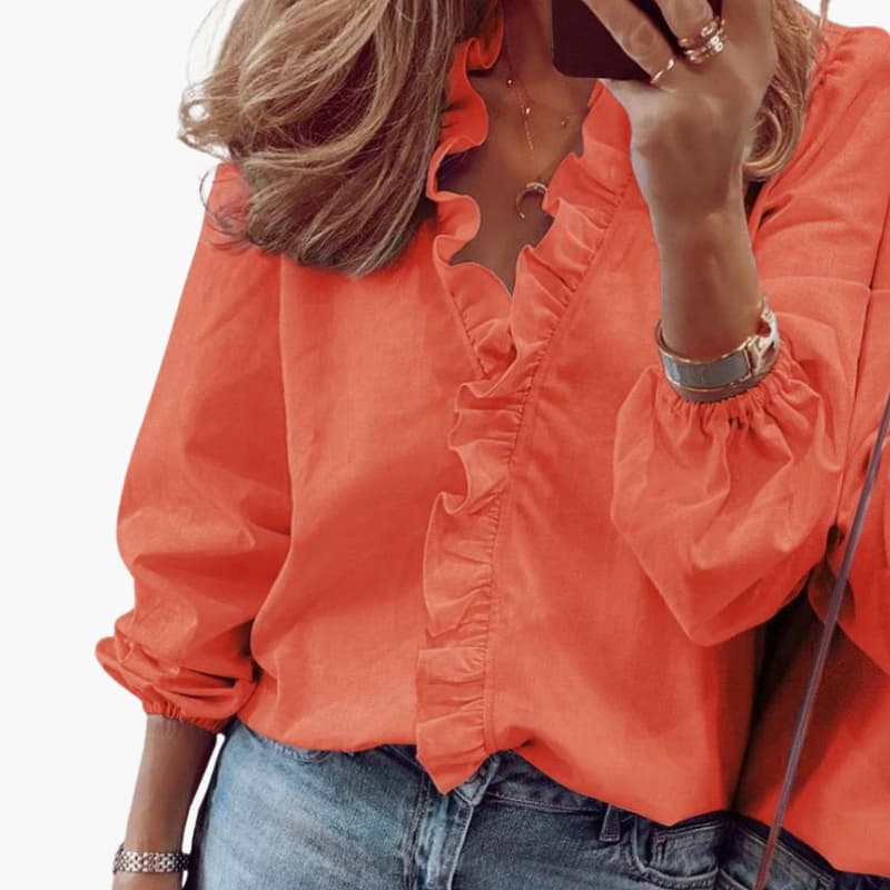 Bella Women's blouse featuring a stylish V-neckline, elegant ruffle detail, and long sleeves, perfect for both casual and formal occasions. 5