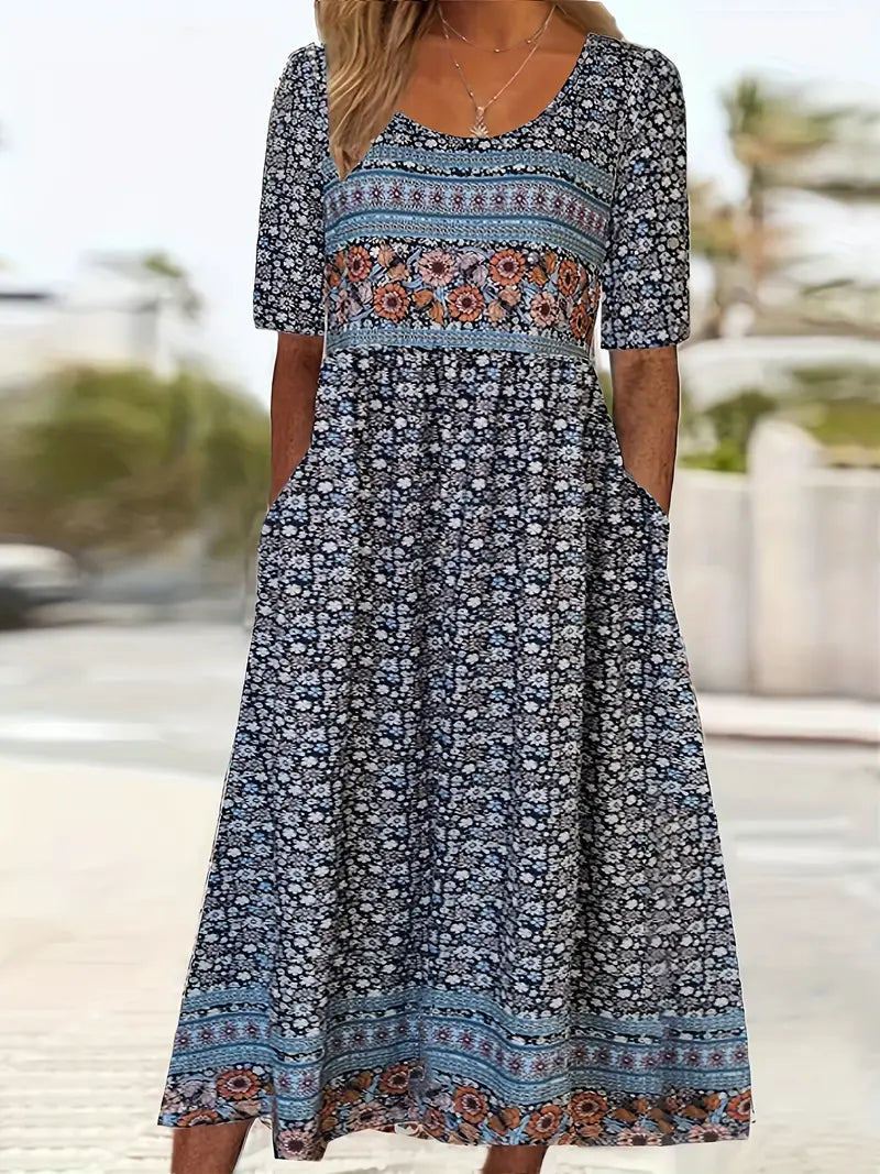 Bella Women’s Dress featuring a vibrant Bohemian print and stylish short sleeves, perfect for summer outings and casual events. 1