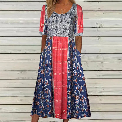 Bella Women’s Dress featuring a vibrant Bohemian print and stylish short sleeves, perfect for summer outings and casual events. 3