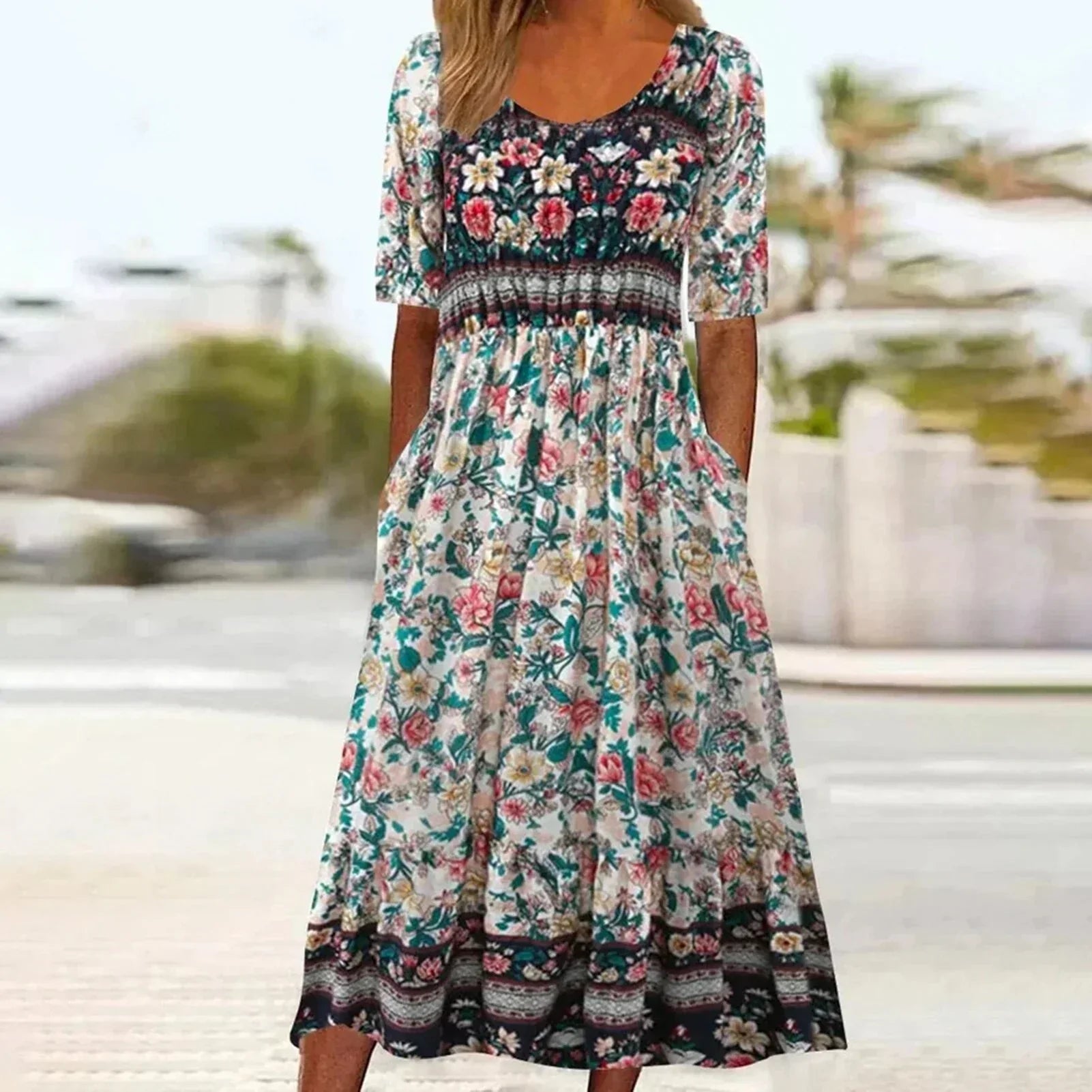 Bella Women’s Dress featuring a vibrant Bohemian print and stylish short sleeves, perfect for summer outings and casual events. 5