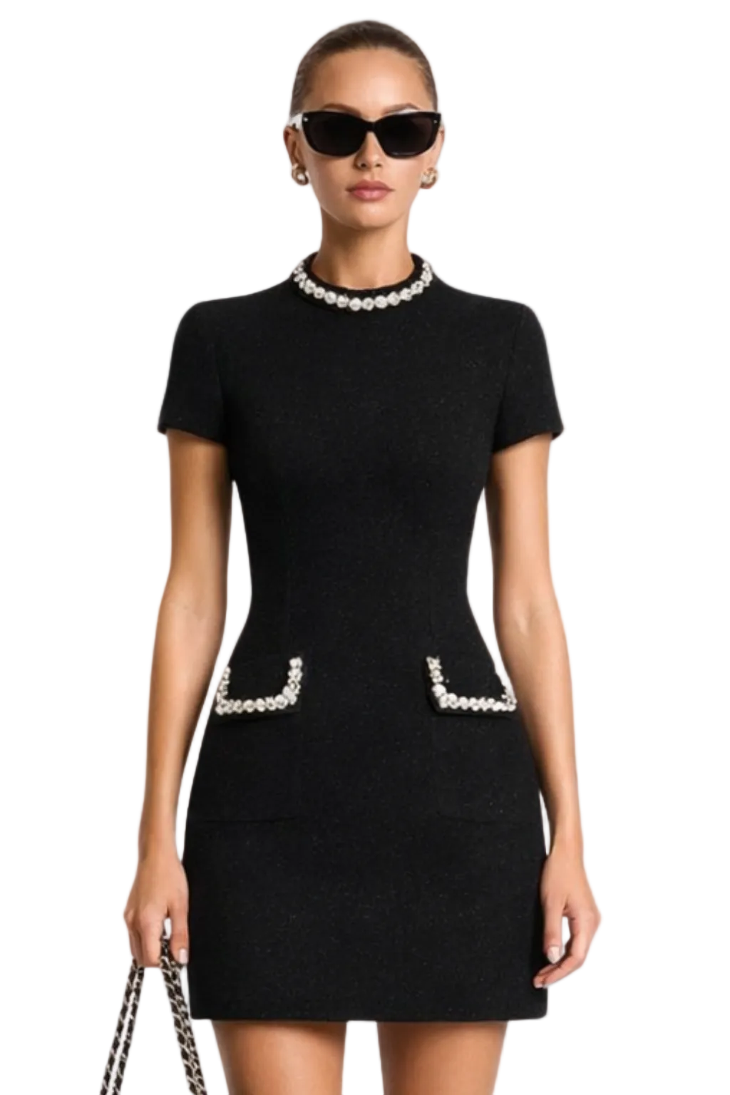 Elegant Bella Women’s Dress featuring stylish pearl-trimmed pockets and short sleeves, perfect for casual outings or special occasions. 0