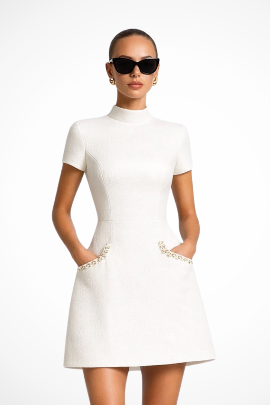 Elegant Bella Women’s Dress featuring stylish pearl-trimmed pockets and short sleeves, perfect for casual outings or special occasions. 1