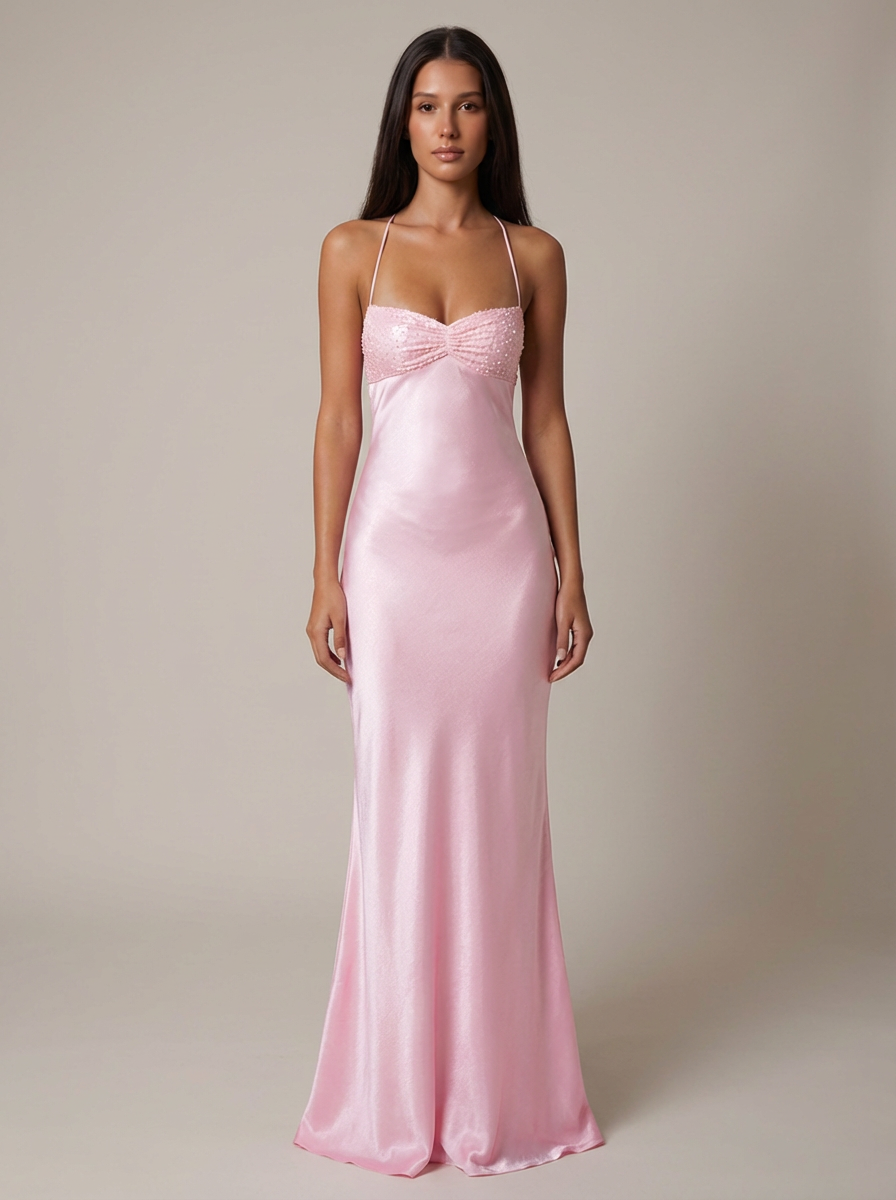 Bella Women’s Maxi Dress featuring a stylish beaded halter neckline and an elegant lace-up back, perfect for summer outings and special occasions. 0