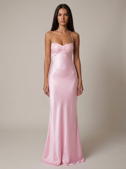 Bella Women’s Maxi Dress featuring a stylish beaded halter neckline and an elegant lace-up back, perfect for summer outings and special occasions. 0