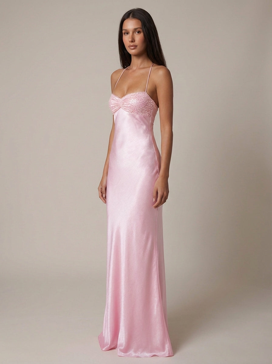Bella Women’s Maxi Dress featuring a stylish beaded halter neckline and an elegant lace-up back, perfect for summer outings and special occasions. 1