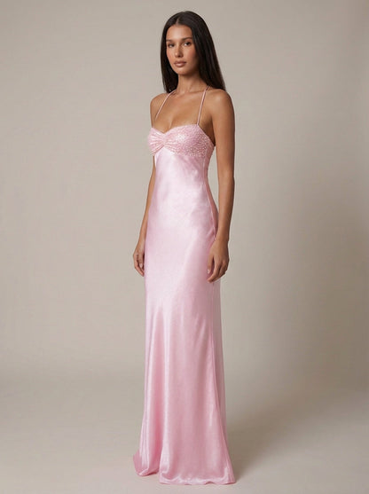 Bella Women’s Maxi Dress featuring a stylish beaded halter neckline and an elegant lace-up back, perfect for summer outings and special occasions. 1
