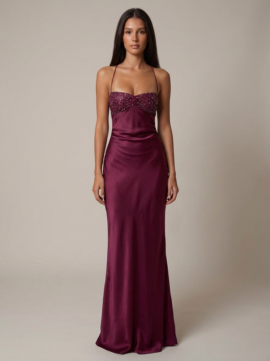 Bella Women’s Maxi Dress featuring a stylish beaded halter neckline and an elegant lace-up back, perfect for summer outings and special occasions. 5