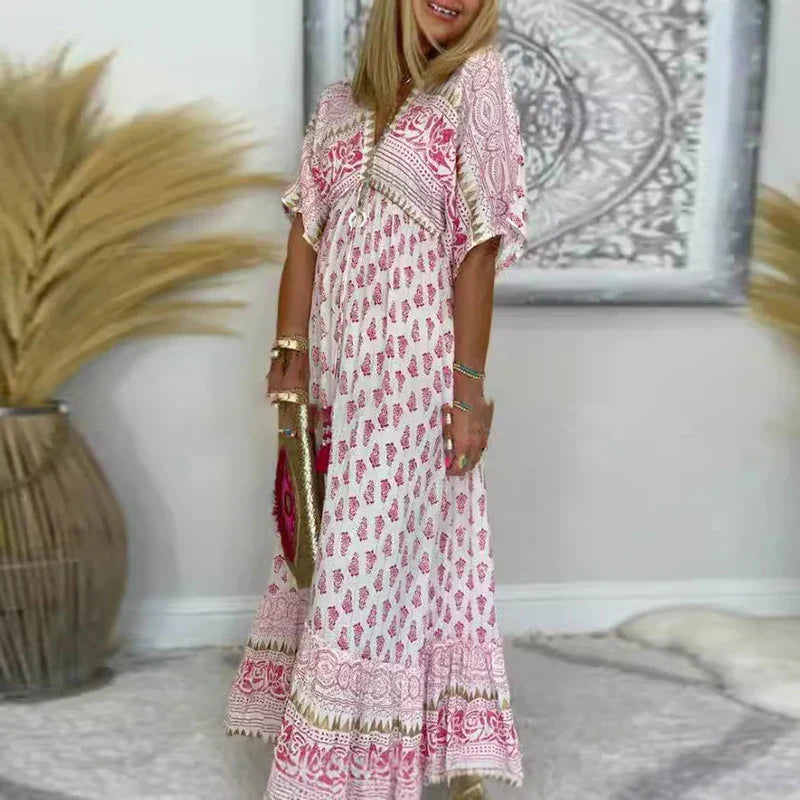 Bella Women's Maxi Dress featuring a vibrant Boho print and elegant V-neck design, perfect for summer outings and casual events. 0