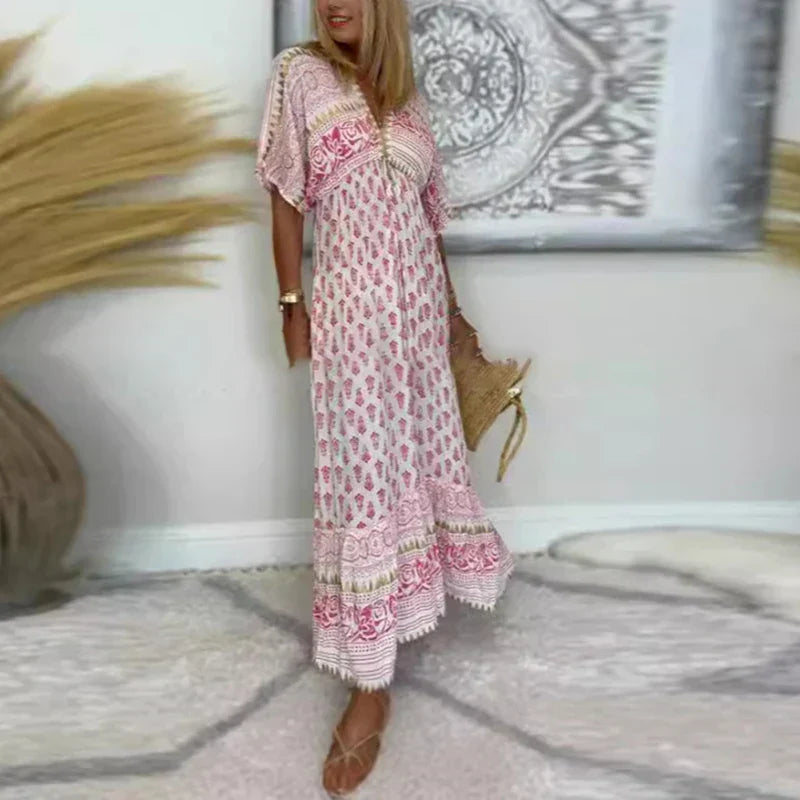 Bella Women's Maxi Dress featuring a vibrant Boho print and elegant V-neck design, perfect for summer outings and casual events. 1