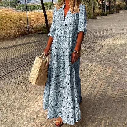 Bella Women’s Maxi Dress featuring a flattering V-neckline and long sleeves, adorned with a stylish Boho print design, perfect for casual outings or special 0