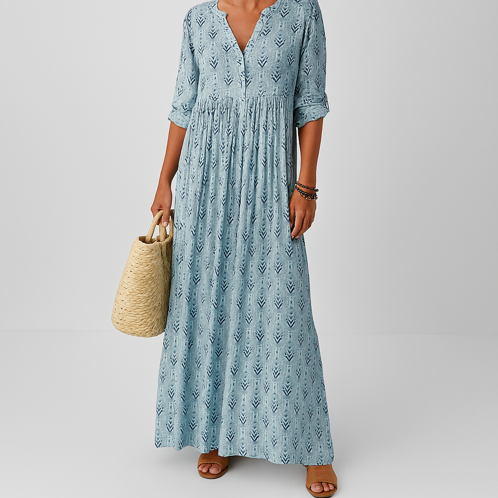 Bella Women’s Maxi Dress featuring a flattering V-neckline and long sleeves, adorned with a stylish Boho print design, perfect for casual outings or special 1