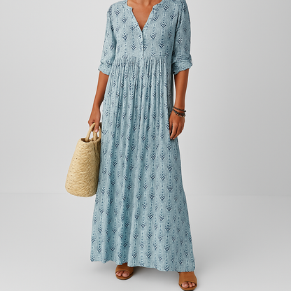 Bella Women’s Maxi Dress featuring a flattering V-neckline and long sleeves, adorned with a stylish Boho print design, perfect for casual outings or special 1