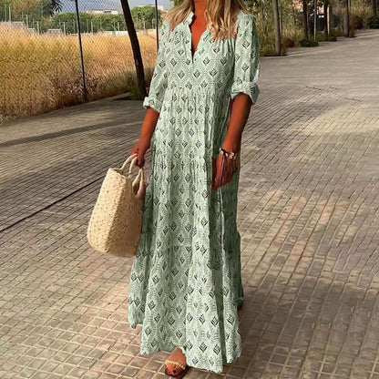 Bella Women’s Maxi Dress featuring a flattering V-neckline and long sleeves, adorned with a stylish Boho print design, perfect for casual outings or special 3