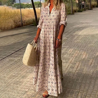 Bella Women’s Maxi Dress featuring a flattering V-neckline and long sleeves, adorned with a stylish Boho print design, perfect for casual outings or special 4