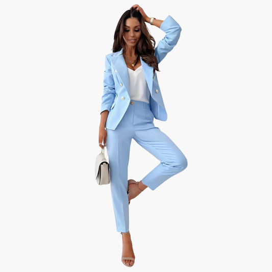 Bella Women’s Suit featuring a stylish double-breasted blazer and elegant straight-leg pants, perfect for professional and formal occasions. 0