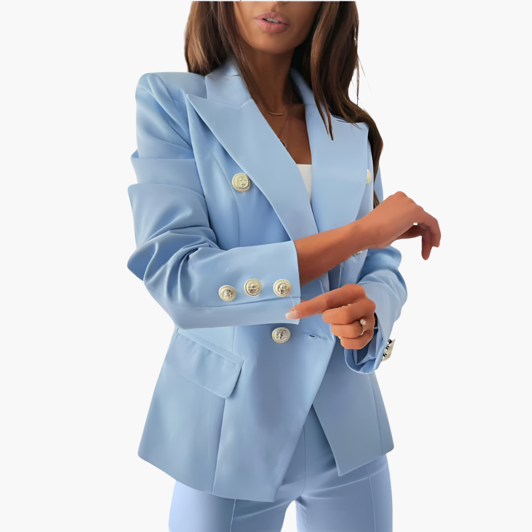 Bella Women’s Suit featuring a stylish double-breasted blazer and elegant straight-leg pants, perfect for professional and formal occasions. 1