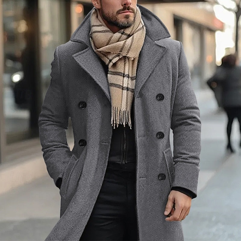 Men's Bertram double-breasted overcoat featuring a tailored fit, classic design, and warm fabric, perfect for stylish winter wear. 0