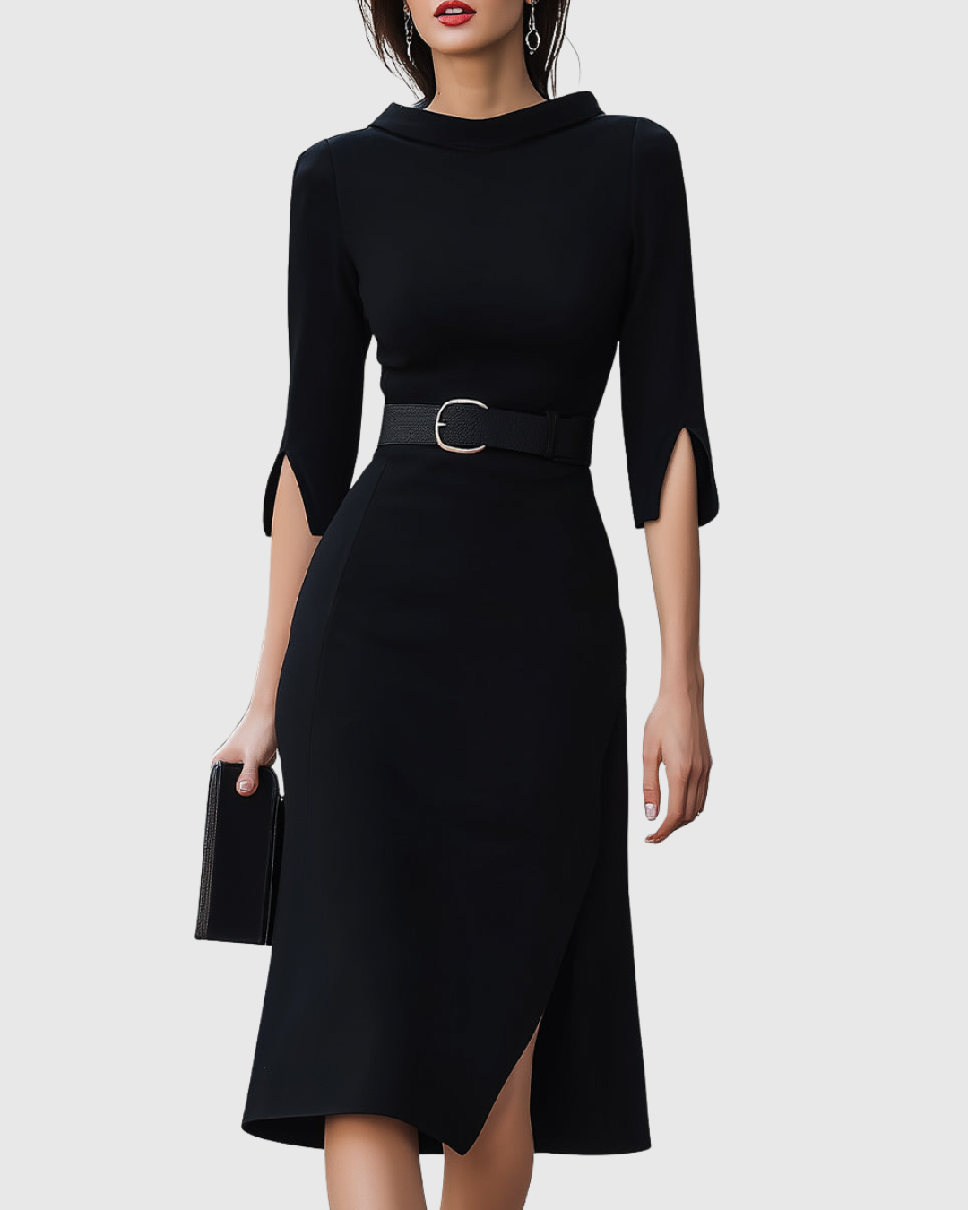 Blythewyn Women's black midi dress featuring a belted waist and stylish asymmetric hem, perfect for elegant occasions or casual outings. 0
