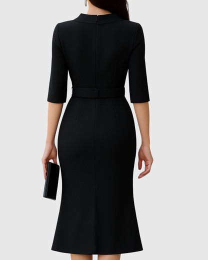 Blythewyn Women's black midi dress featuring a belted waist and stylish asymmetric hem, perfect for elegant occasions or casual outings. 1