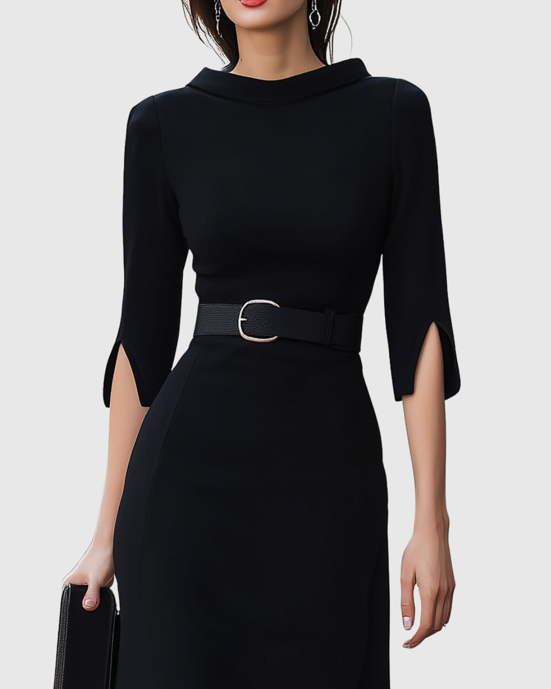 Blythewyn Women's black midi dress featuring a belted waist and stylish asymmetric hem, perfect for elegant occasions or casual outings. 2