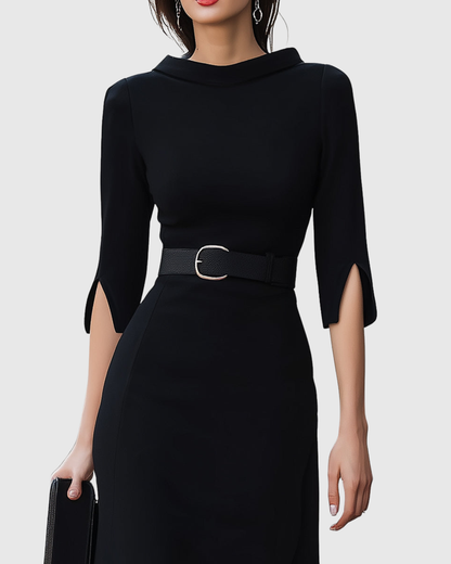 Blythewyn Women's black midi dress featuring a belted waist and stylish asymmetric hem, perfect for elegant occasions or casual outings. 2