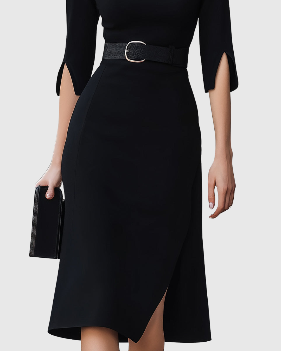 Blythewyn Women's black midi dress featuring a belted waist and stylish asymmetric hem, perfect for elegant occasions or casual outings. 3