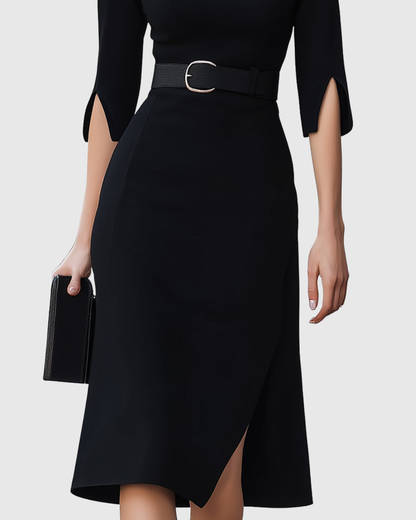 Blythewyn Women's black midi dress featuring a belted waist and stylish asymmetric hem, perfect for elegant occasions or casual outings. 3