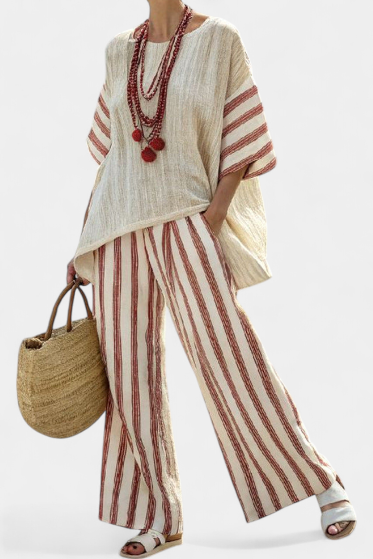 Braelith Women’s Striped Top paired with Linen Trousers featuring a relaxed fit, perfect for casual summer outings. 0