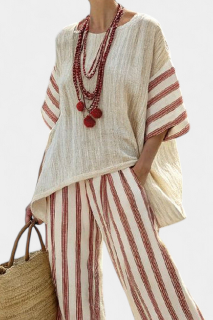 Braelith Women’s Striped Top paired with Linen Trousers featuring a relaxed fit, perfect for casual summer outings. 1