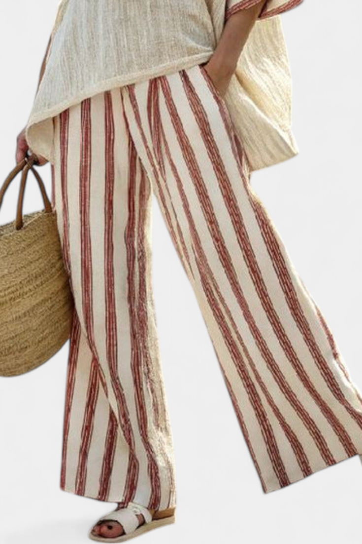 Braelith Women’s Striped Top paired with Linen Trousers featuring a relaxed fit, perfect for casual summer outings. 2