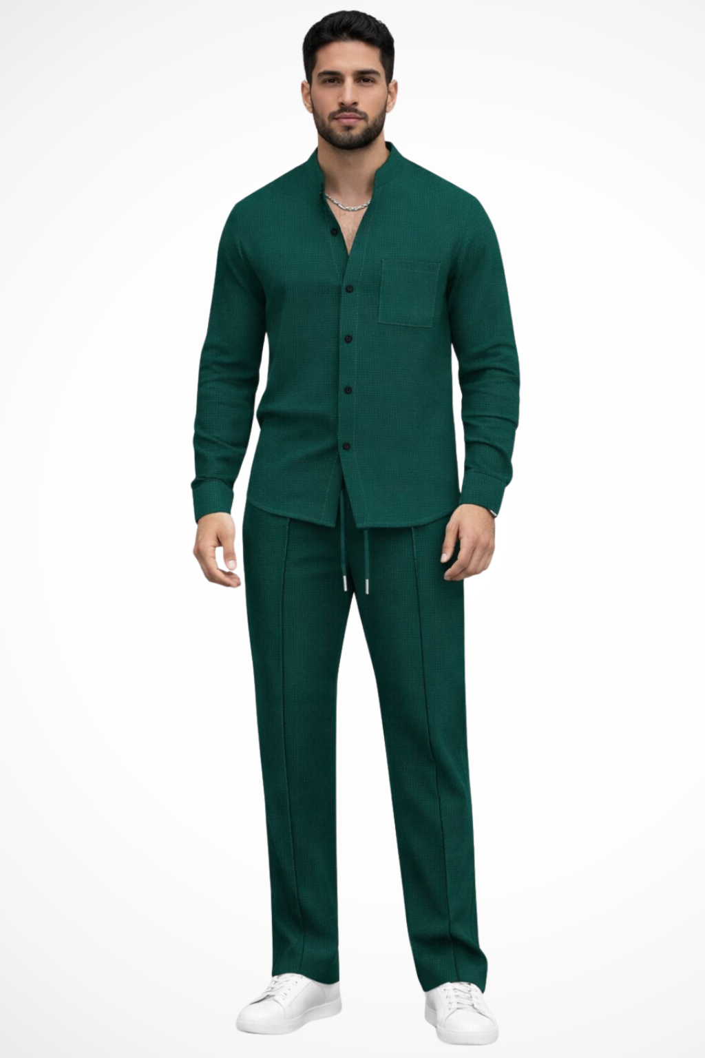 Breeze Men's Button Shirt featuring a stylish textured design paired with straight-leg trousers for a contemporary and comfortable look. 0