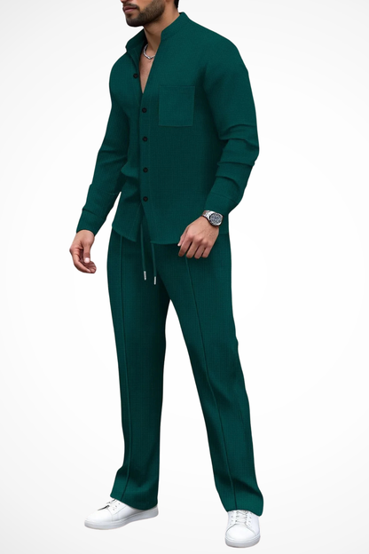 Breeze Men's Button Shirt featuring a stylish textured design paired with straight-leg trousers for a contemporary and comfortable look. 1
