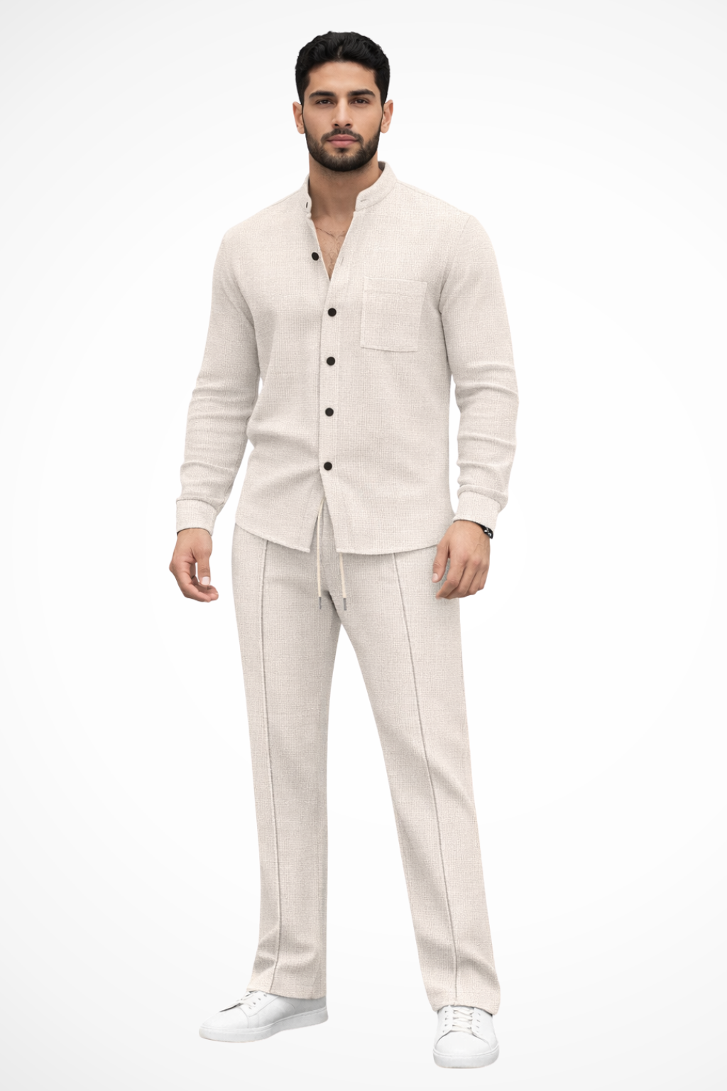 Breeze Men's Button Shirt featuring a stylish textured design paired with straight-leg trousers for a contemporary and comfortable look. 4