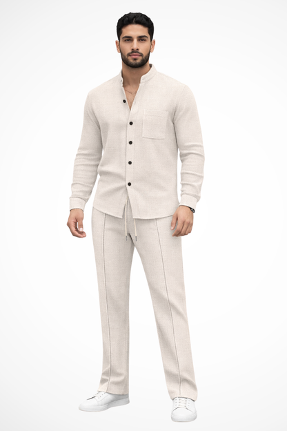 Breeze Men's Button Shirt featuring a stylish textured design paired with straight-leg trousers for a contemporary and comfortable look. 4