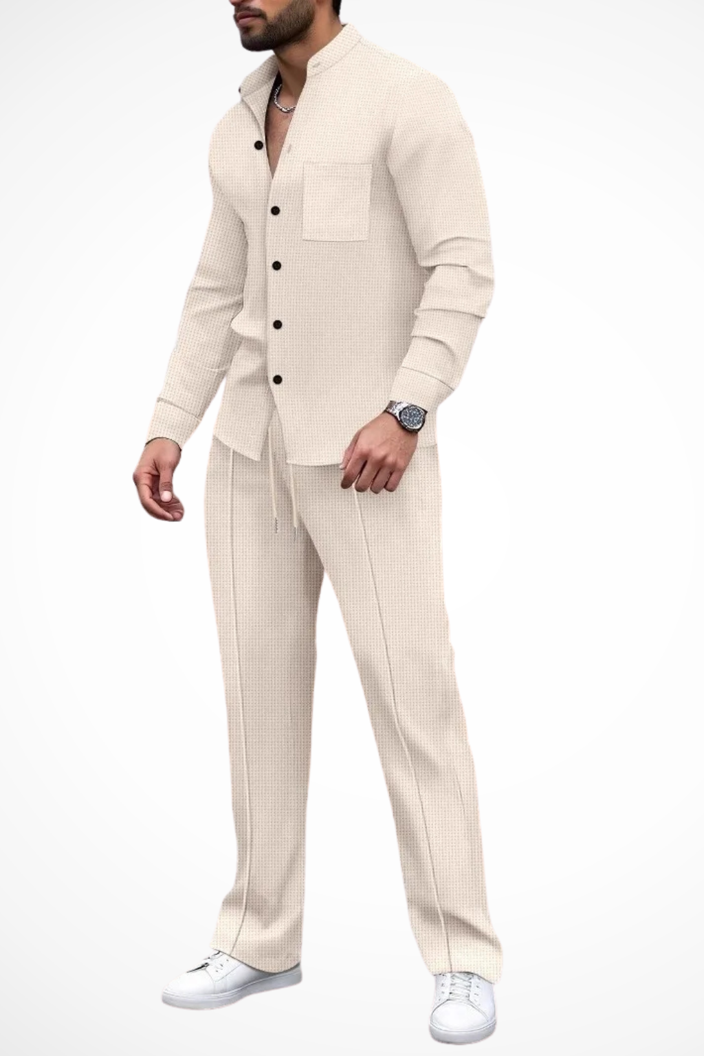 Breeze Men's Button Shirt featuring a stylish textured design paired with straight-leg trousers for a contemporary and comfortable look. 5