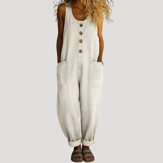 Breezy dungarees for women featuring a stylish baggy fit and unique button detail, perfect for casual and comfortable outfits. 0