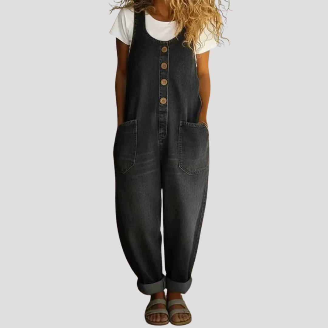 Breezy dungarees for women featuring a stylish baggy fit and unique button detail, perfect for casual and comfortable outfits. 1