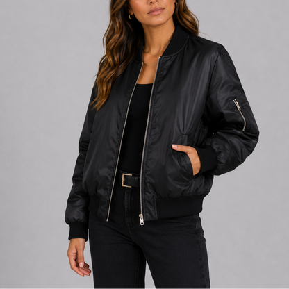 Brenna Women's Bomber Jacket in a lightweight fabric featuring a classic design, perfect for stylish layering in any season. 0