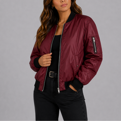 Brenna Women's Bomber Jacket in a lightweight fabric featuring a classic design, perfect for stylish layering in any season. 1