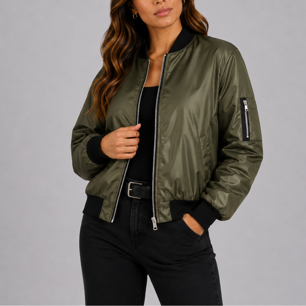 Brenna Women's Bomber Jacket in a lightweight fabric featuring a classic design, perfect for stylish layering in any season. 2