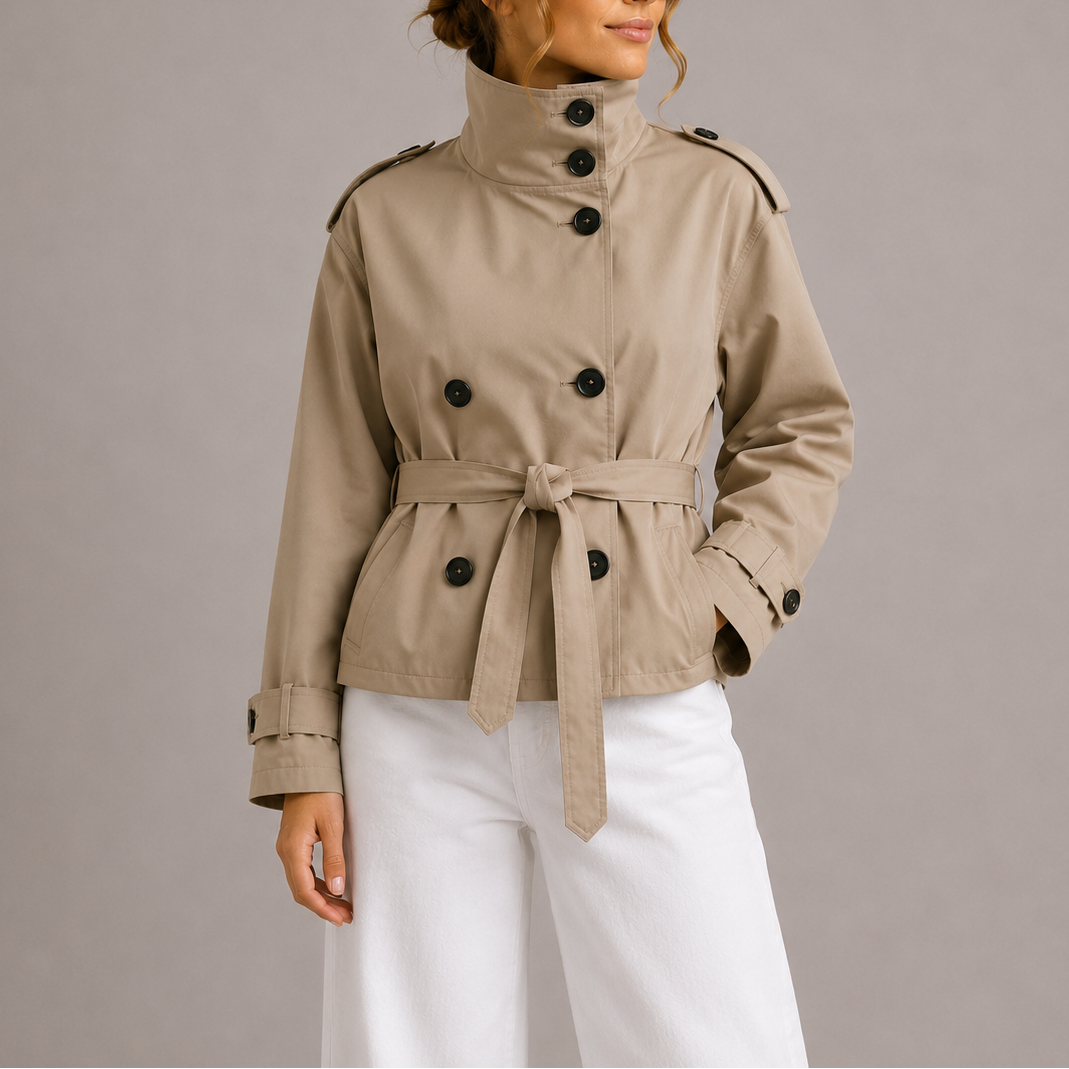 Brenna Women's Cropped Trench Coat in a stylish double-breasted design, featuring lightweight fabric perfect for layering in any season. 0