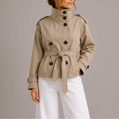 Brenna Women's Cropped Trench Coat in a stylish double-breasted design, featuring lightweight fabric perfect for layering in any season. 0