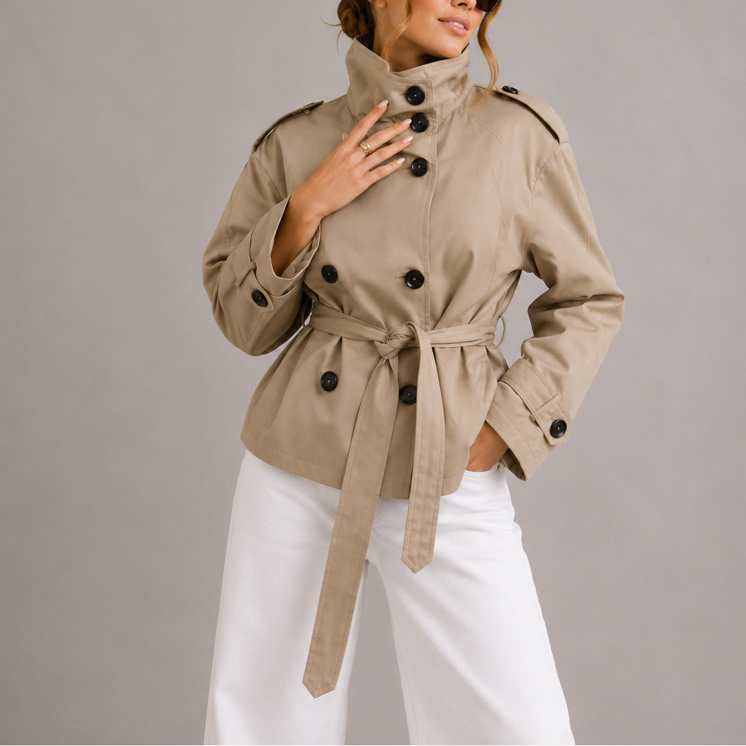 Brenna Women's Cropped Trench Coat in a stylish double-breasted design, featuring lightweight fabric perfect for layering in any season. 1