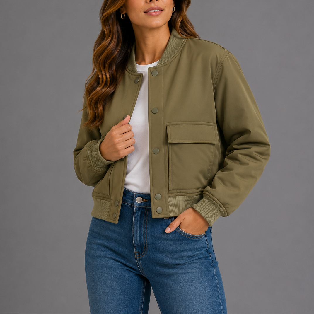 Lightweight Bryn Women's Bomber Jacket in versatile design, perfect for casual everyday wear, featuring a stylish fit and comfortable fabric. 4