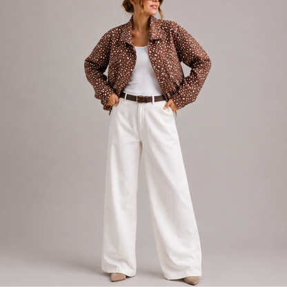 Bryn Women's Cropped Bomber Jacket in brown with polka dot pattern and high neck design, perfect for stylish layering in cooler weather. 1