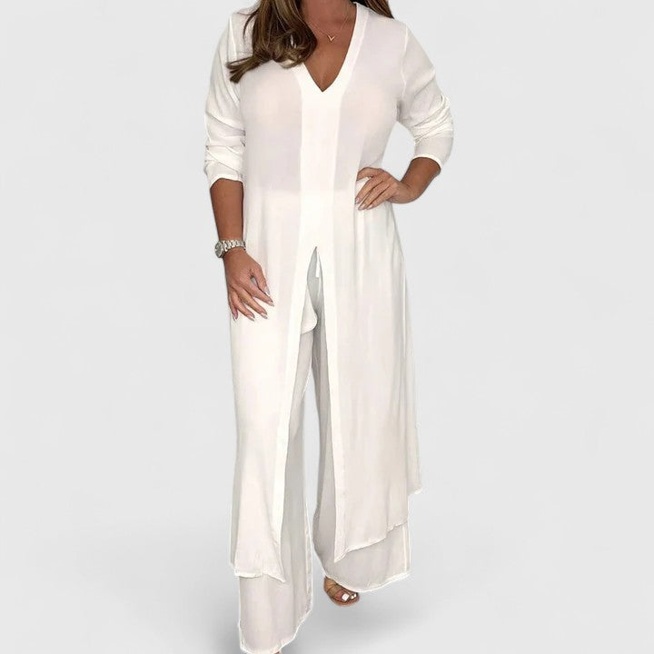 Carmella Women's Two Piece Set featuring a stylish pullover top and wide-leg trousers, perfect for casual or chic outings. 1