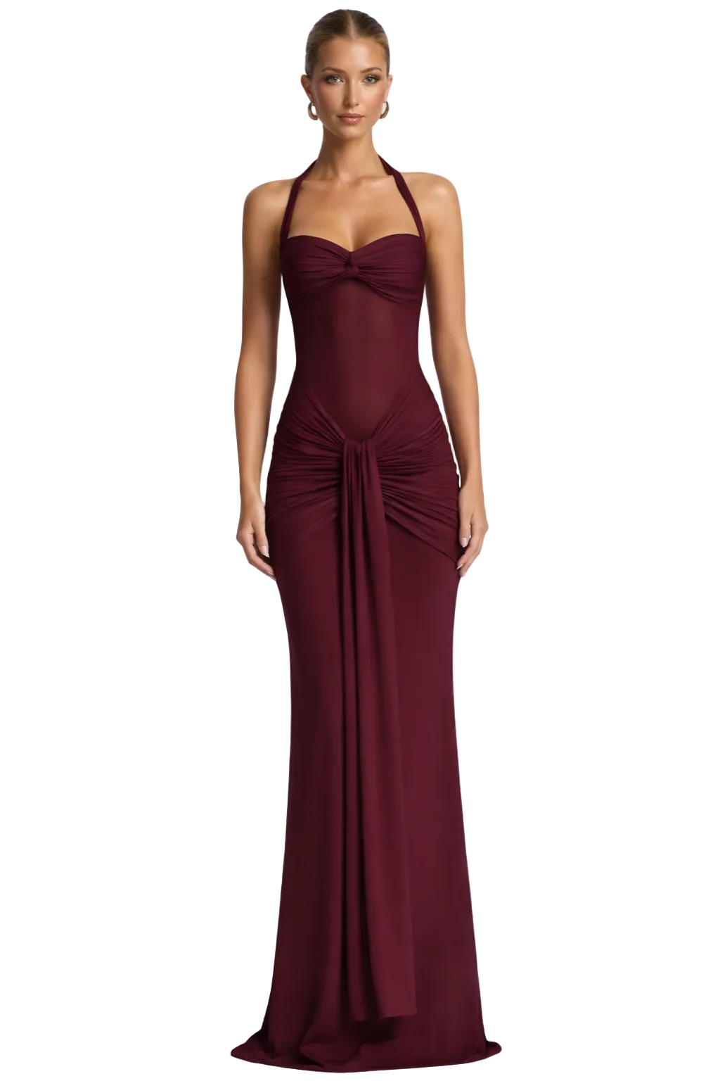 Celia Women’s Maxi Dress featuring a stylish halter neck and elegantly ruched bodice, perfect for formal occasions and special events. 0