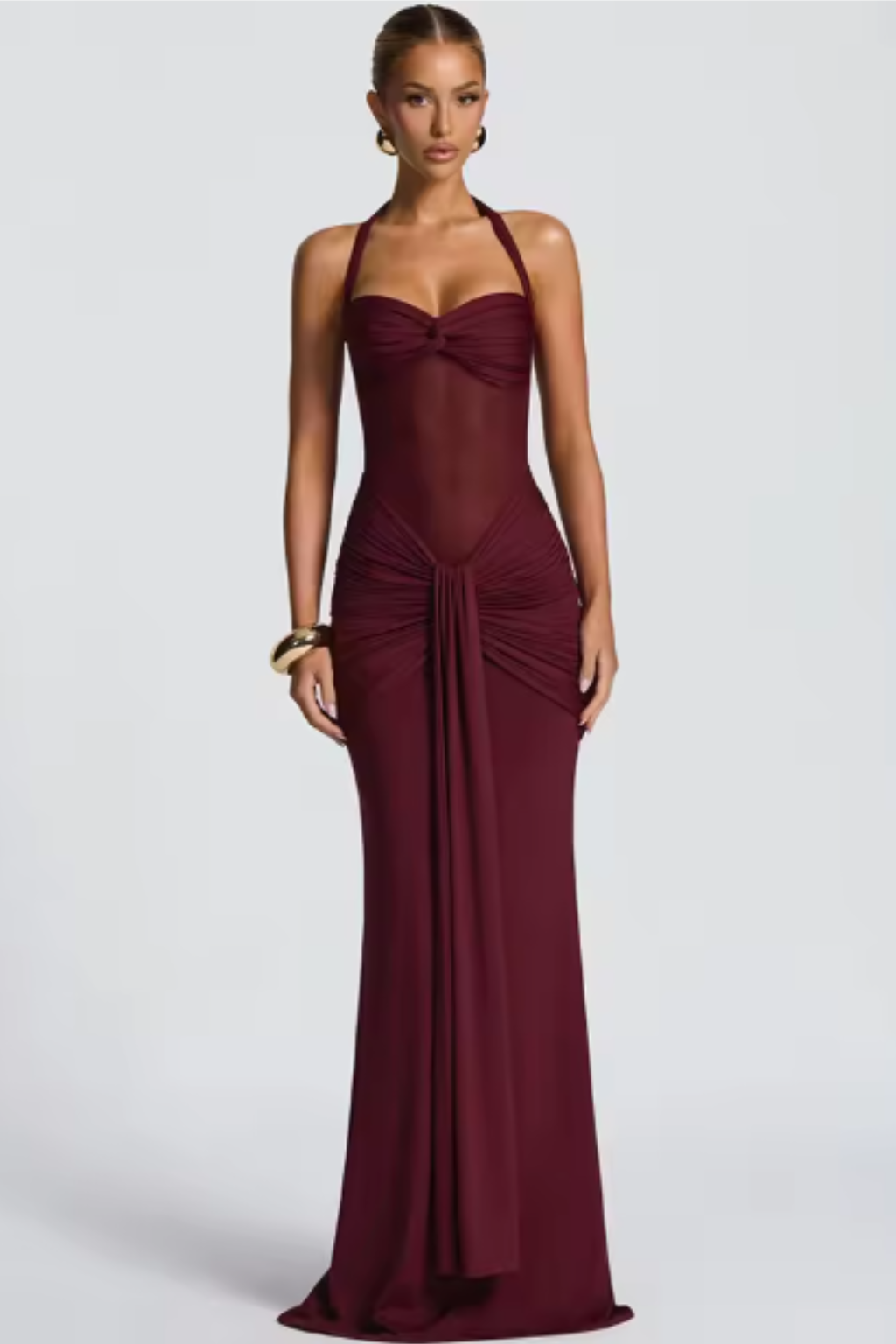 Celia Women’s Maxi Dress featuring a stylish halter neck and elegantly ruched bodice, perfect for formal occasions and special events. 1