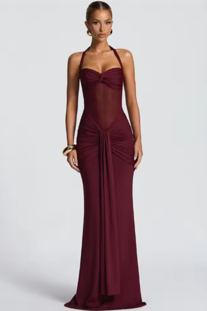 Celia Women’s Maxi Dress featuring a stylish halter neck and elegantly ruched bodice, perfect for formal occasions and special events. 1